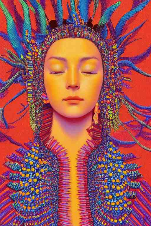 a colorful vibrant closeup portrait of a fashion model with a beaded headdress and dreaming psychedelic hallucinations, by kawase hasui, moebius, edward hopper and james gilleard, zdzislaw beksinski, steven outram colorful flat surreal design, hd, 8 k, artstation 