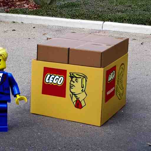 lego donald trump with cardboard box outside mar - a - lago, wide shot, lego, 