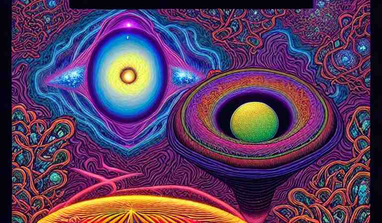 an expansive rendering of beautiful and complex ultimate void and black holes by dan mumford, by jim fitzpatrick, by joe wilson, by jim burns, by victo ngai, by jacek yerka, surrounded with colorful magic mushrooms and rainbowcolored marihuana leaves, insanely integrate, featured on deviant art, trending on artstation 