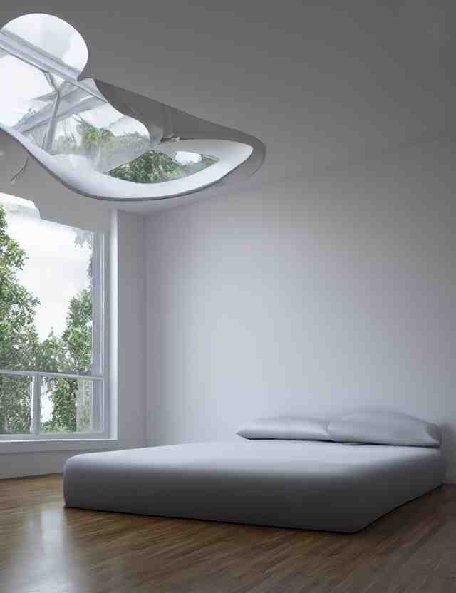 an ultra wide angle photo of a floating bed hovering above the floor in the middle of a giant bedroom with tons of windows opening to other dimensions byandrzej sykut and lee madgewick and m. c. escher!!!!, photorealistic, octane render, recursive!!!!, flowing, cascading, multiverse!!!!!!, labyrinthine 