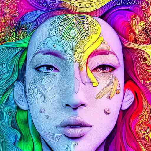 the head of a beautiful woman partially made of rainbows, an ultrafine detailed illustration by james jean, final fantasy, intricate linework, bright colors, behance contest winner, vanitas, angular, altermodern, unreal engine 5 highly rendered, global illumination, radiant light, detailed and intricate environment 