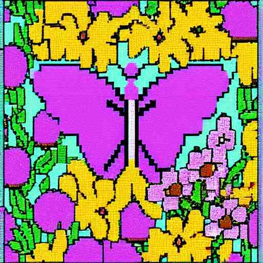 pixel art of a butterfly in a field of wild flowers, ghibli color scheme 