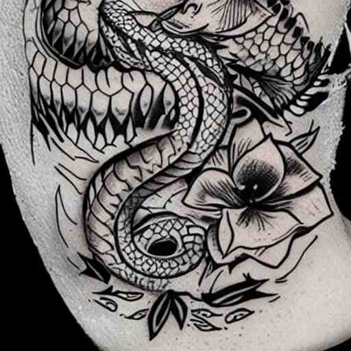 tattoo design, stencil, tattoo stencil, traditional, a snake surrounded by flowers