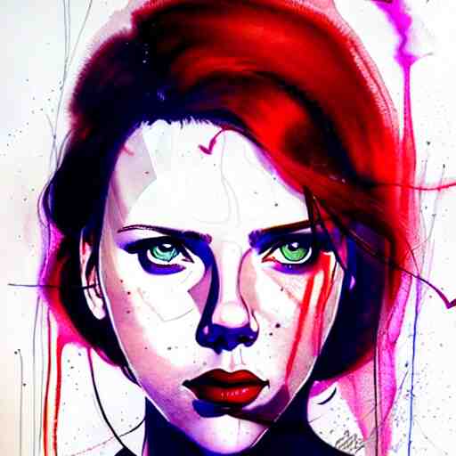 phil noto, pretty scarlett johansson black widow, symmetrical eyes, long red hair, full body, by agnes cecile and moebius and envi bikal, very luminous design, pastel colours, ink drips, autumn lights 