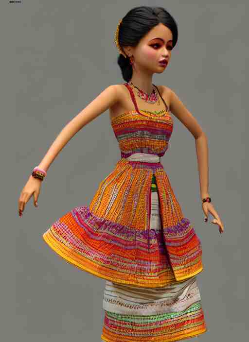 beautiful summer assamese mekehela bihu style floral dress, flirtatious, boho - chic, sleeveless, elegant, short skirt length, slimmer demeanor, plethora of colors ; mini dress ; highly detailed cute face by wlop ; 3 6 0 rotation reference ; octane render, unreal engine 5, trending on artstation, 8 k high resolution, global illumination ray tracing ; symmetrical, cinematic, high coherence, hdr fabric textures 