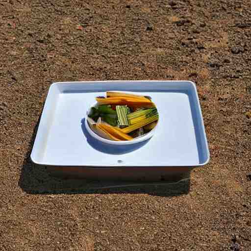 a rectangle-shaped wok with no food in it, on the beach