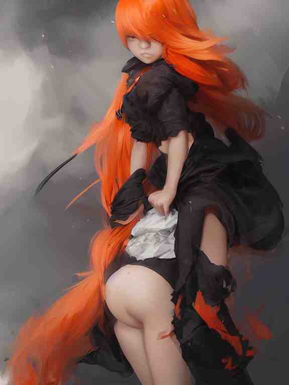 Full shot of a cute mischievous young witch about to get up to some trouble. Black and Orange palette. By Ruan Jia and Artgerm and Range Murata and WLOP and CLAMP and Loish. Key Art. Fantasy Illustration. award winning, Artstation, intricate details, realistic, Hyperdetailed, 8k resolution.