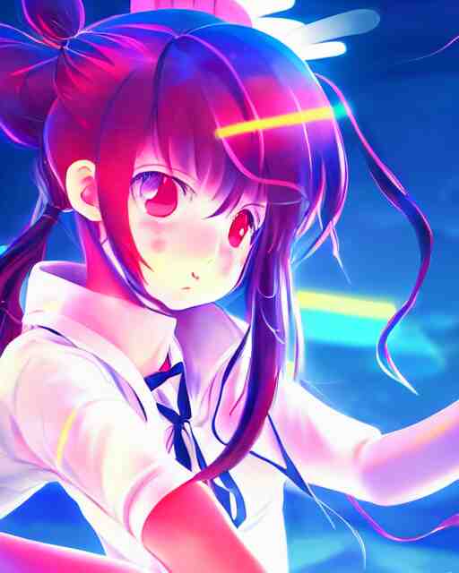 anime style, vivid, expressive, full body, 4 k, painting, a cute magical girl with a long wavy hair wearing a sailor outfit, correct proportions, stunning, realistic light and shadow effects, neon lights, studio ghibly makoto shinkai yuji yamaguchi 