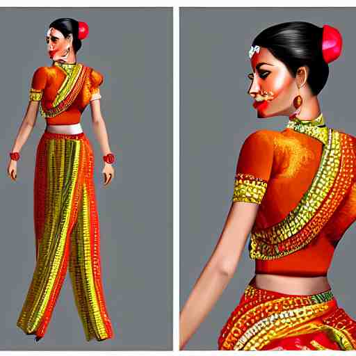 fashion designer color sketch illustration of a beautiful girl wearing modern stylish costume in the style of Assamese bihu mekhela sador design gamosa, elegant glamourous cosplay, unreal engine 8k, ornamental, intricate, sensual, highly detailed, artstation, golden ratio, sharp focus