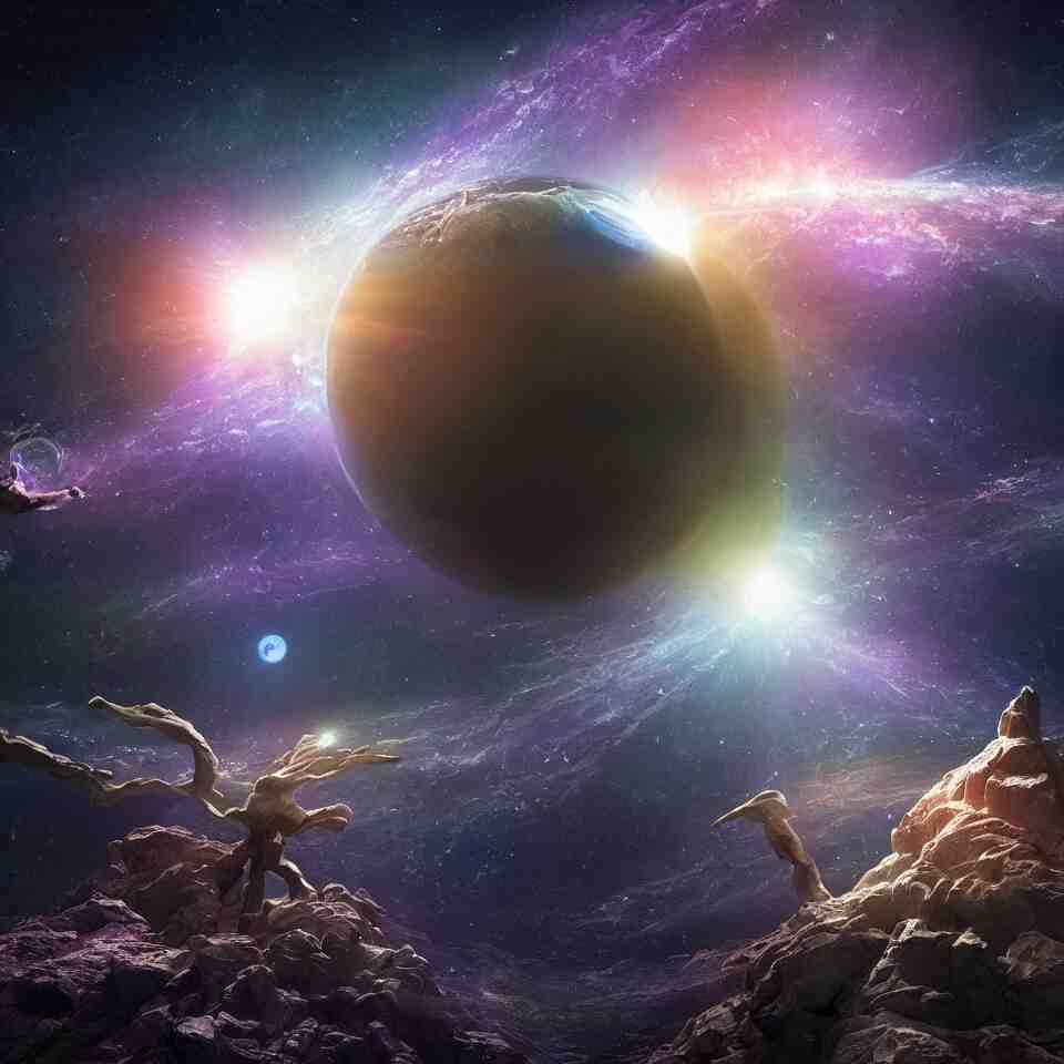 beautiful image of the first day of creation of the world and matter in the dark deep space, light and darkness separated, planets, under a black night sky of astronomical glittering starlight in the outer reaches of the solar system beyond, trending on artstation, octane render, symmetry by raqib shaw, presence of god, eye of god. 