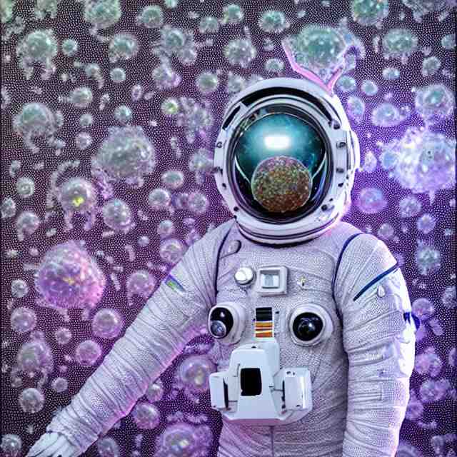 realistic extremely detailed  photo style  painting of a complete  astronaut suit with exposed diamond 3d fractal lace iridescent bubble 3d skin clear brain+ ,holding a sparkle plasma sniper rifle oscilloscope, and in a jumping float pose inside of a futuristic space station
,opal ruby diamond iridescent fractal lace bubble materials,chelate appendages barnacles,
monolithic retro futuristic ,water , by style hybrid mix of beeple+Anton Pieck+Jean Delville+ Amano,Yves Tanguy+ Alphonse Mucha+ Ernst Haeckel+ Edward Robert Hughes+Stanisław Szukalski covered with compound eye camera lenses,ambient occlusion,
rich moody colors,diamond dust glitter and sparkles, granular detail,holographic krypton ion,blue eyes,octane render,4k,
f32,55mm photography,wide angle ,jumping float Pose,full shot,  