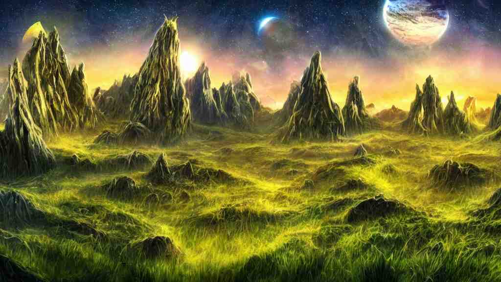 an alien landscape view, alien sky, star in the sky, alien waterfall, alien grass, weird alien trees, alien mountains, epic composition, colorful, 4 k, detailed, realistic 