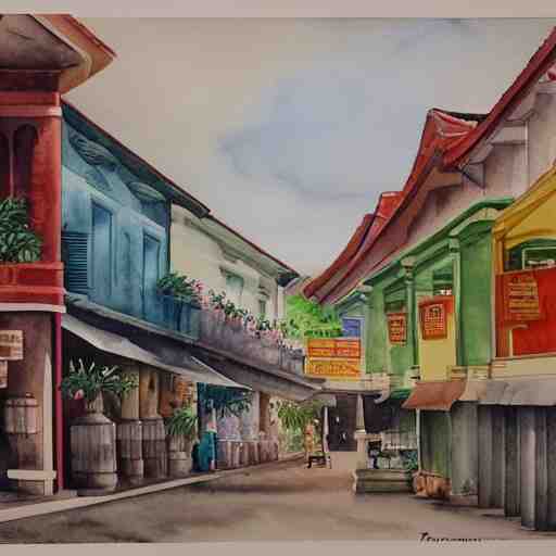 singapore katong shophouses street scene, highly detailed, contemporary watercolor, smooth, by joseph zbikowicz, 8 k 