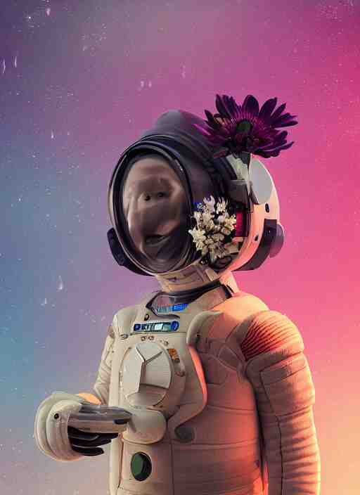 a man in a space suit with a flower in his hand, a computer rendering by Mike Winkelmann, trending on cgsociety, retrofuturism, uhd image, rendered in cinema4d, hard surface modeling,