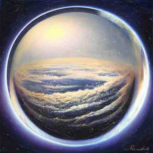 “ depiction of the beginning of the universe inside a snow globe, surreal, award winning, highly detailed, style by mark rogers, paul bonner, oil on canvas. ” 