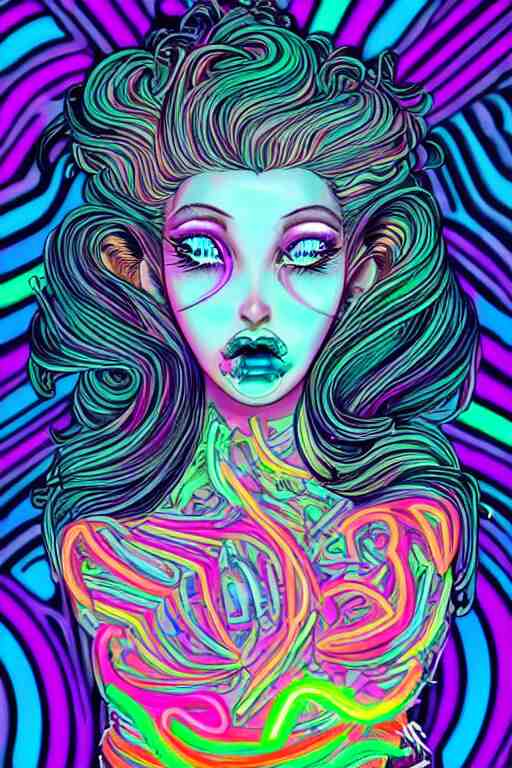 a award winning portrait of a beautiful woman with stunning eyes in a one off shoulder croptop and cargo pants with rainbow colored hair, outlined by whirling illuminated neon lines and fine lines swirling in circles by joe fenton, digital art, trending on artstation 