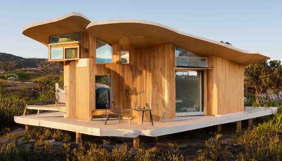 An architectural rending of an eco-community neighborhood of innovative contemporary 3D printed sea ranch style cabins with rounded corners and angles, beveled edges, made of cement and concrete, organic architecture, on the California coastline with side walks, parks and public space , Designed by Gucci and Wes Anderson, golden hour