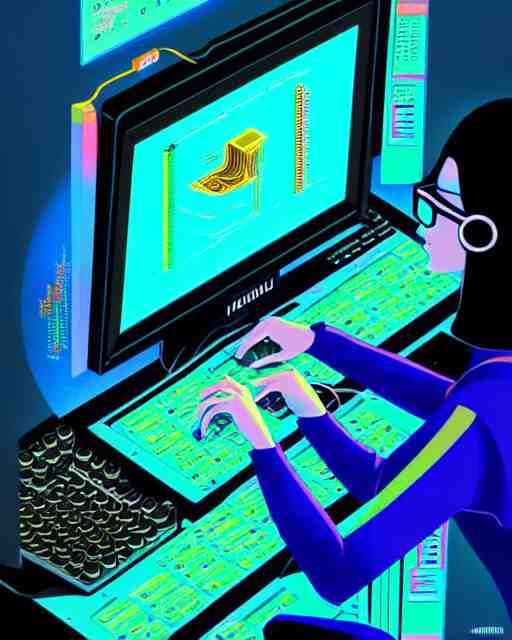 richly detailed color illustration of a nerd-using-a-computer-to-crack-the-code surrounded by technology illustrated by Artgerm and Mina Petrovic and Timothy Kong and Marina Federovna. 3D shadowing