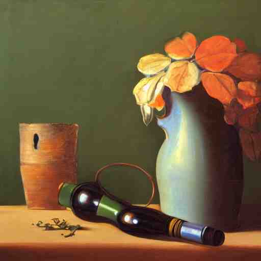 classic still life painting of a wine glass and pot