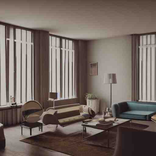 60's interiors of an apartment, photorealistic, cinematic, volume light, rendered in octane, artstation