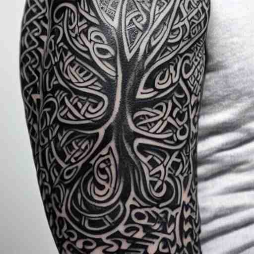 photograph of a sleeve tattoo, black ink, intricate celtic pattern with tree of life, highly-detailed, beautiful, award winning, 8k