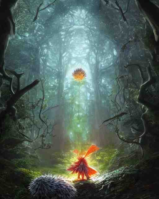 Hedgehog magus, gaia, nature, fairy, forest background, magic the gathering artwork, D&D, fantasy, cinematic lighting, centered, symmetrical, highly detailed, digital painting, artstation, concept art, smooth, sharp focus, illustration, volumetric lighting, epic Composition, 8k, art by Akihiko Yoshida and Greg Rutkowski and Craig Mullins, oil painting, cgsociety