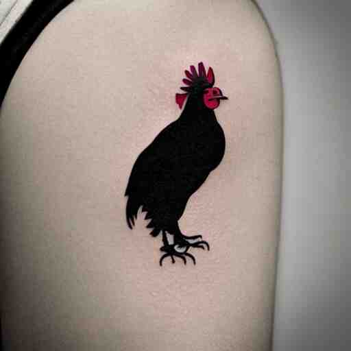 A small tattoo of a black rooster. The black chicken is holding smoking a large cannabis blunt in its mouth