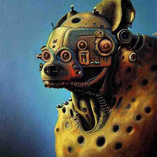 hyena robot, cyberpunk, highly detailed quadrupedal cyborg, beksinski style, very detailed painting 