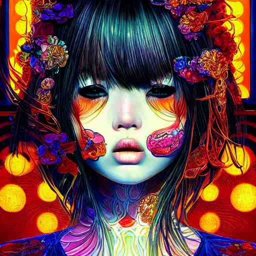 the face of an unbelievably beautiful and pretty japanese girl partially made of onion rings of all colors looking down, an ultrafine detailed illustration by james jean, final fantasy, intricate linework, bright colors, behance contest winner, vanitas, angular, altermodern, unreal engine 5 highly rendered, global illumination, radiant light, detailed and intricate environment 