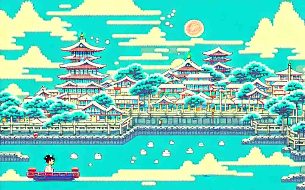 a japanese city near the sea, lofi, dreamy, moody, anime inspiration, ghibli vibe, pixelart 