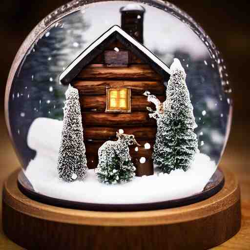 A studio photograph of a snowglobe containing a cozy wooden cottage, XF IQ4, 150MP, 50mm, F1.4, ISO 200, 1/160s, natural light, Adobe Lightroom, photolab, Affinity Photo, PhotoDirector 365, 4k, trending on Artstation, award-winning