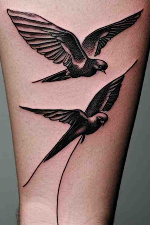 a beautiful tattoo design of minimalist swallows flying into spherical lines and simple basic shapes, black ink, line art 