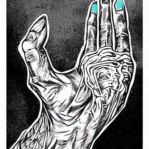 precisely drawn illustration of tattoo of seven fingered hand on upper arm, wide angle, sharp, fine details, french comic style, vibrant realistic colors, full color, heroic fantasy, intense line art, 8 k, precise linework, realistic, in the style of heavy metal comics and richard corben and moebius 