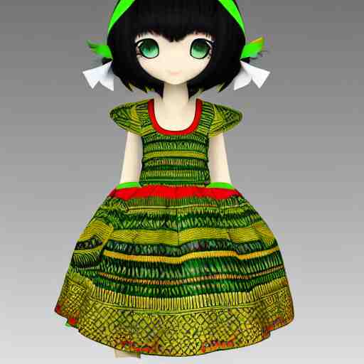 cute fumo plush of a girl in a green and gold tribal patterned dress, stylized material bssrdf, cel shading, vray, anime girl 