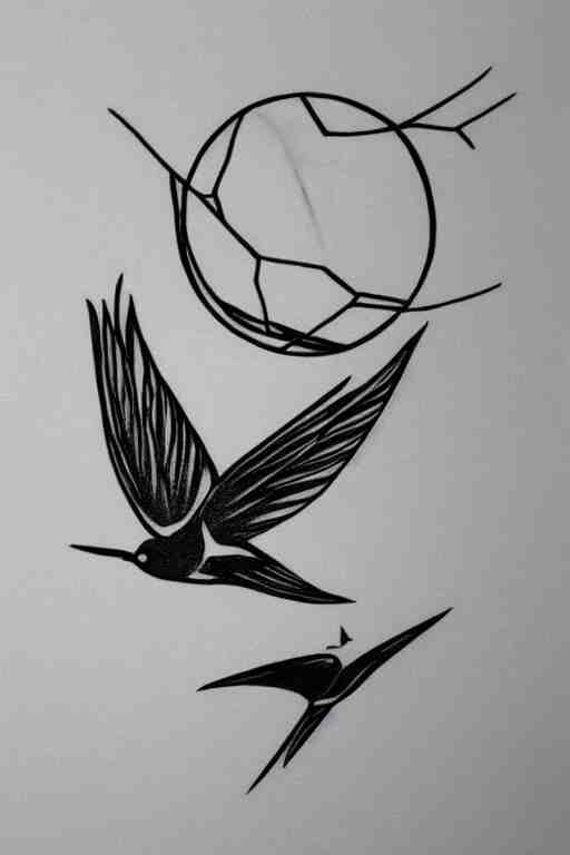 a beautiful tattoo design of minimalist swallows flying into spherical lines and simple basic shapes, black ink, abstract logo, line art 