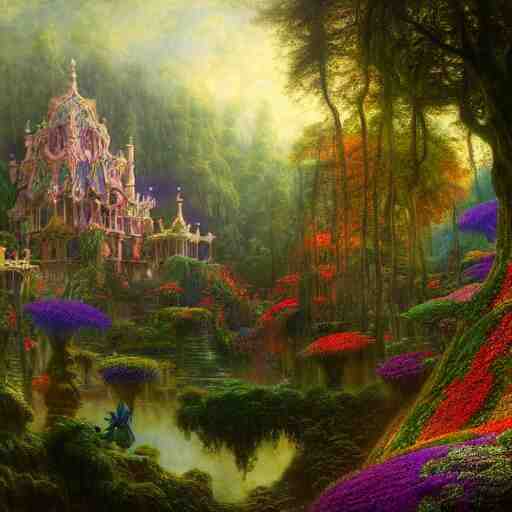 a beautiful and highly detailed matte painting of a beautiful dream palace in a magical fantasy forest garden, colorful flowers, psychedelic, epic scale, insanely complex, hyperdetailed, sharp focus, hyperrealism, artstation, cgsociety, 8 k, bright colors, by caspar friedrich, albert bierstadt, james gurney, brian froud, 