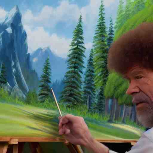 a closeup photorealistic photograph of bob ross working on a canvas painting of hulk. film still. brightly lit scene. mountains and trees. this 4 k hd image is trending on artstation, featured on behance, well - rendered, extra crisp, features intricate detail, epic composition and the style of unreal engine. 