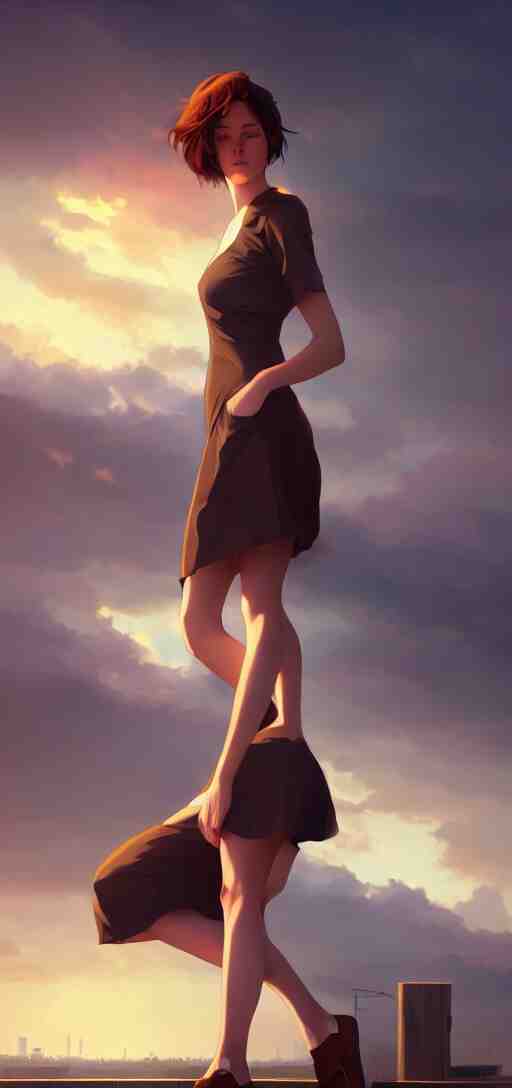 a beautiful british woman with short brown hair, gentle, somber amber eyes, standing on a rooftop, storm in the distance, basic clothing, digital art by makoto shinkai ilya kuvshinov and wojtek fus, digital art, concept art, 