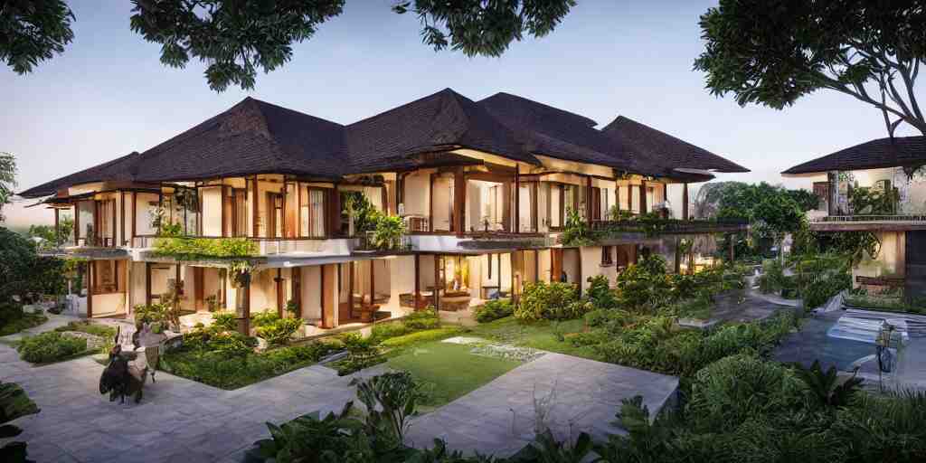 3d rendering  of beautiful nature meets architecture concept of a residential house. balinese architecture, volumetric lighting, luxury, high detail, 14mm, cinematic photography, cg architects,  high resolution