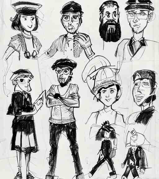 full page scan of many character design sketches. young man,  young mother, man with beard. Everyone has pale grey eyes. sailor caps, German, tapa, simple clothing.  in the style of Jillian Tamaki and Richard Corben. costume designs, pleasant faces, nature colors