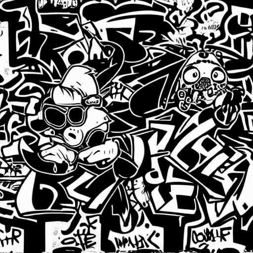 zef design black and white color scheme, graffiti, cute characters 