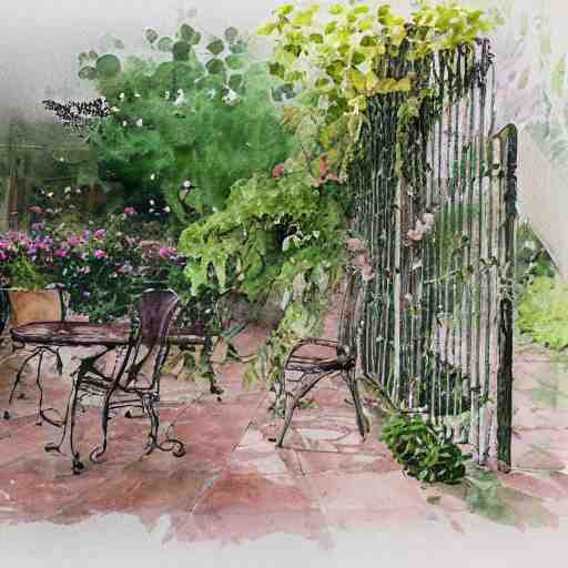 delicate, garden, paved, botanic watercolors, iridescent, 8 k, realistic shaded, fine details, artstation, italian, chairs, iron gate, pine maritime, mediterranean 