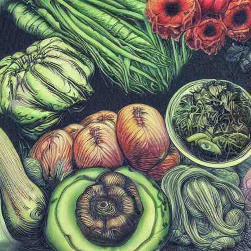 a beautiful plate of vegetables, by junji ito, by laurie lipton, by bernie wrightson, masterpiece, stunning, hyper realistic, lots of colours, 8 k 