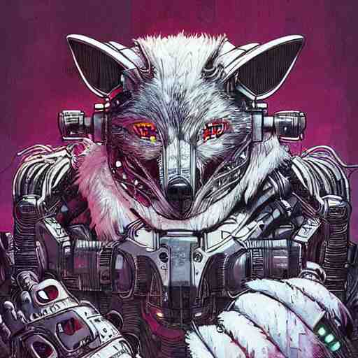 portrait of a cybernetic werewolf warrior with white fur and power armor, cyberpunk concept art by josan gonzales and moebius and enki bilal and and dan mumford and jean claude meziere and philippe druilleg 