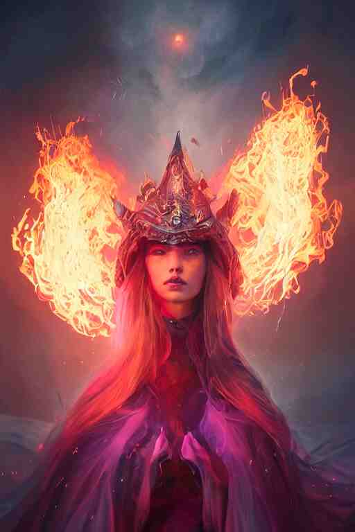 a fancy portrait of a beautiful dark magician girl with a large witches hat covered in colourfull flames by Greg Rutkowski, Sung Choi, Mitchell Mohrhauser, Maciej Kuciara, Johnson Ting, Maxim Verehin, Peter Konig, final fantasy , mythical, 8k photorealistic, cinematic lighting, HD, high details, atmospheric,