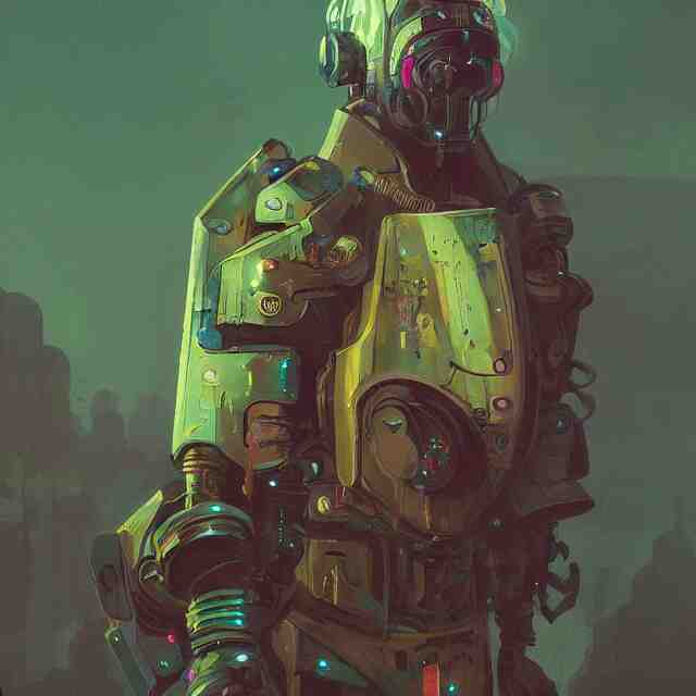 a beautiful portrait painting of a ( ( ( cyberpunk ) ) ) armor by simon stalenhag and pascal blanche and alphonse mucha and nekro. in style of digital art. colorful comic, film noirs, symmetry, brush stroke, vibrating colors, hyper detailed. octane render. trending on artstation 