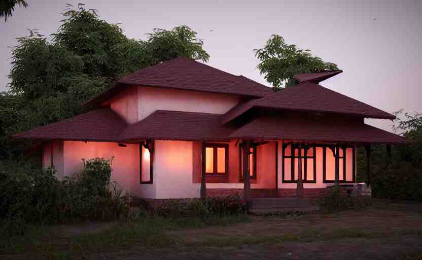 a beautiful small assam type house at sunrise, guwahati, concept art, octane render, unreal engine 5, trending on artstation, high quality, 8 k, soft lighting, path traced, hyperrealistic, highly detailed, digital art, symmetrical, cinematic, high coherence, godrays 