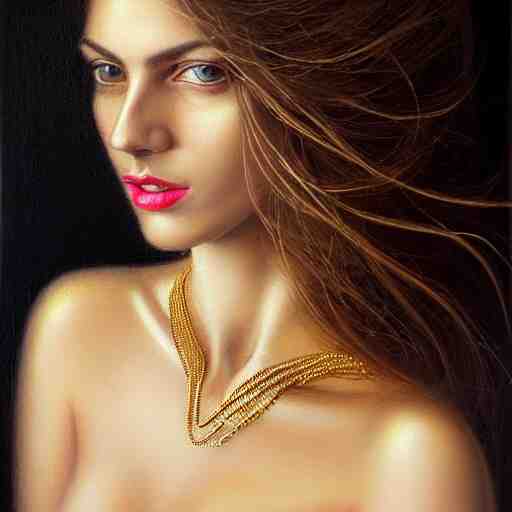 Facial portrait of a gorgeous girl, looking away from the camera, seductive smile, heavy gold jewellery, gold and pearl necklaces, elegant revealing intricate dress, sparkle in eyes, lips slightly parted, long flowing hair, no hands visible, delicate, teasing, arrogant, defiant, bored, mysterious, intricate, extremely detailed painting by Mark Brooks (and by Greg Rutkowski), visible brushstrokes, thick paint visible, no light reflecting off paint, vibrant colors, studio lighting