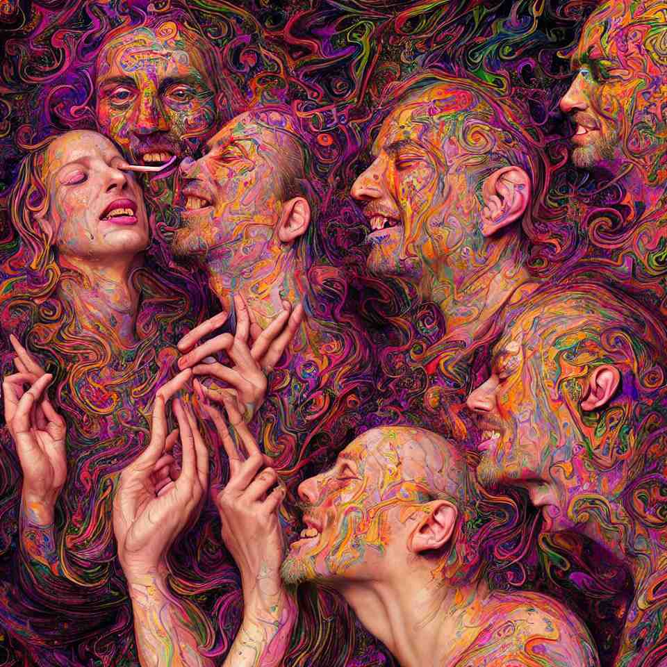 happy psychedelic portrait of friends smoking dmt and becoming gods, smiling and crying, old and young, diffuse lighting, fantasy, intricate, elegant, highly detailed, lifelike, photorealistic, digital painting, artstation, concept art, smooth, sharp focus, art by john collier and albert aublet and jenny saville and artem demura and francis bacon 