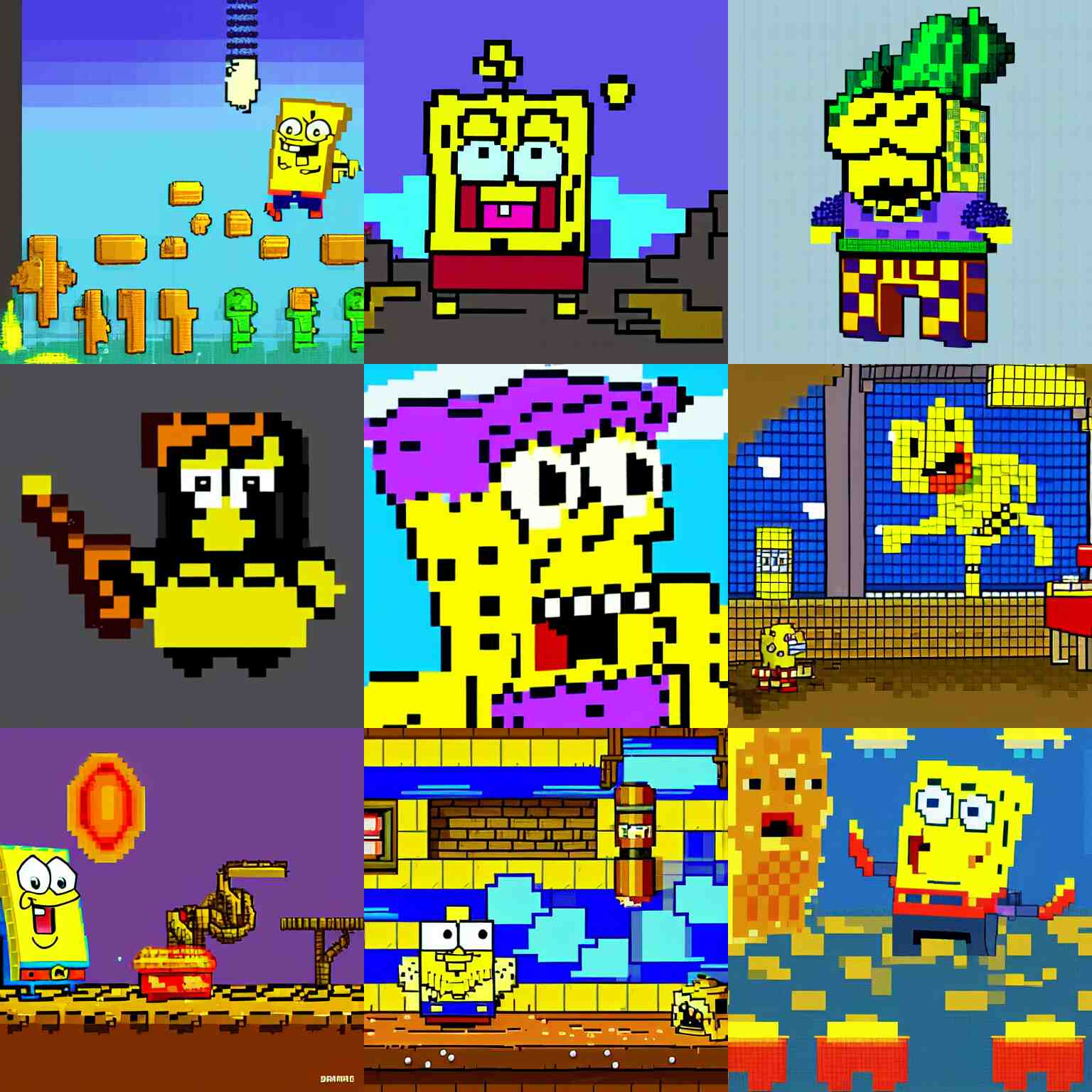 fantastic lighting, pixel art, high detail , 16 bits, spongebob, 2d